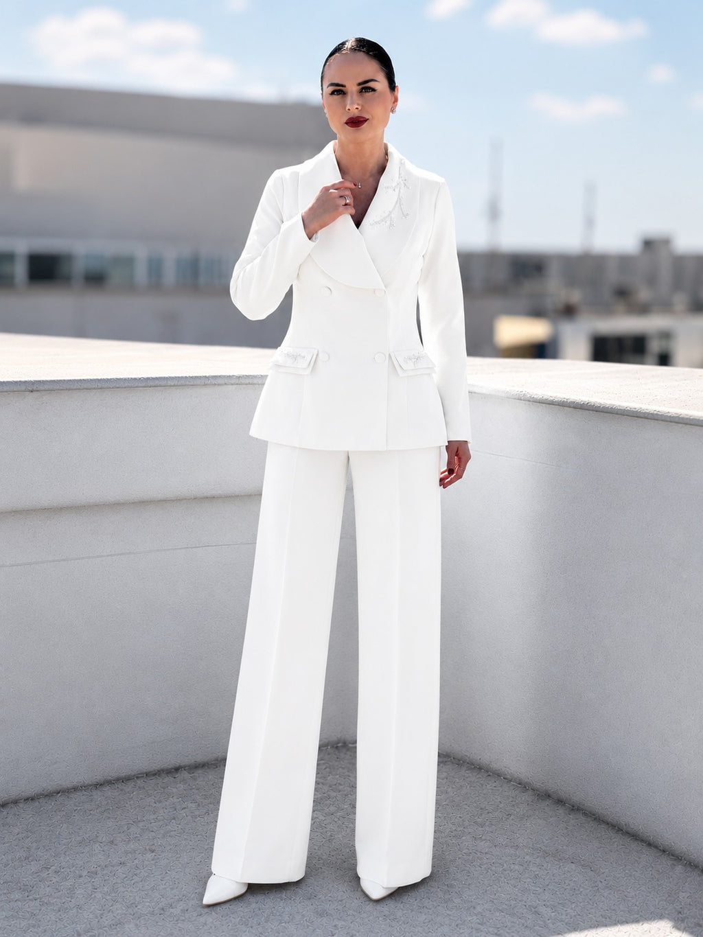 White Pearl Detail Suit Set